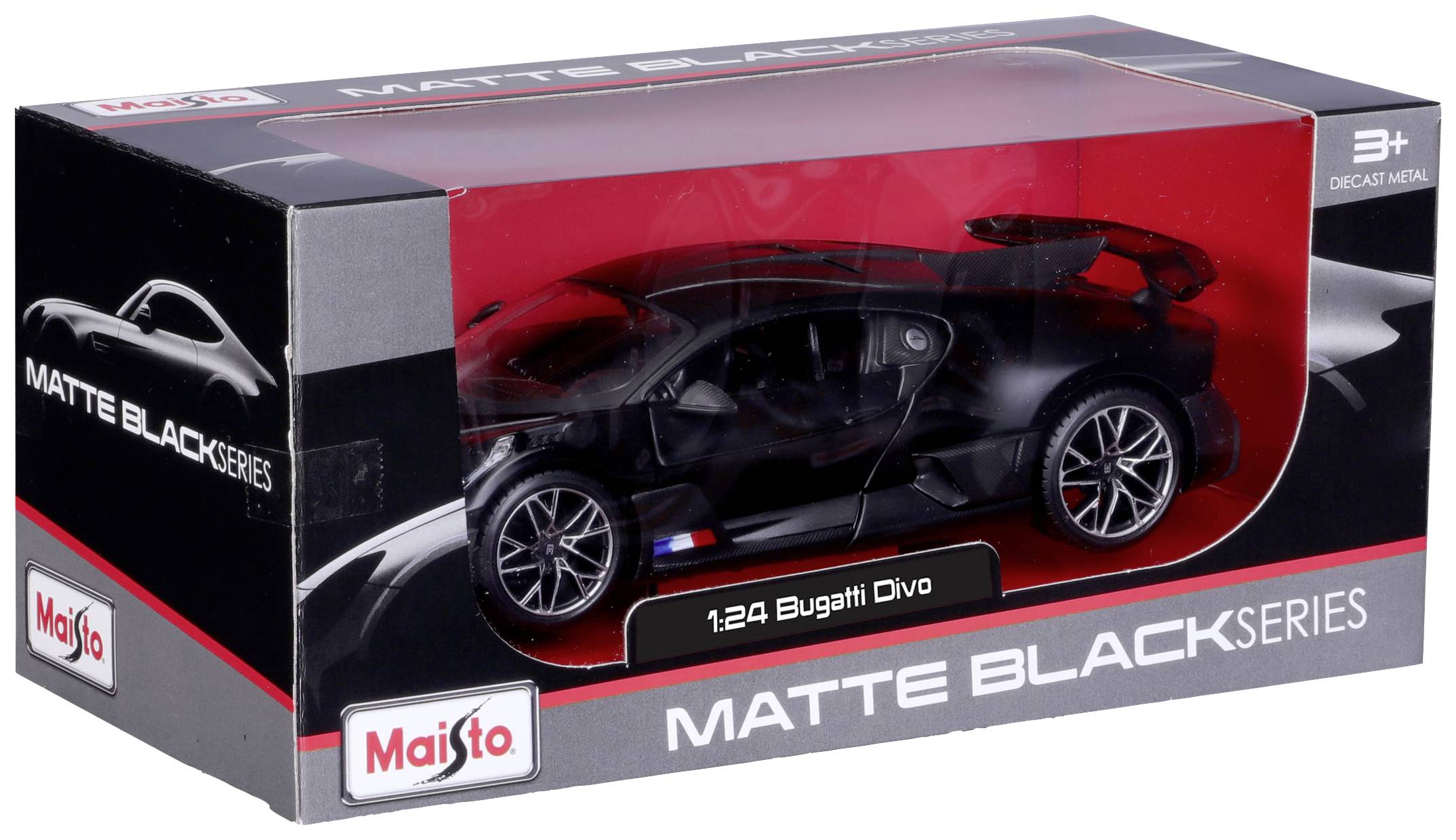 Ein schwarzes Spielzeugauto '1:24 Bugatti Divo' aus der MATTE BLACK Serie in einer Verpackung mit Sichtfenster. Geeignet ab 3 Jahren.