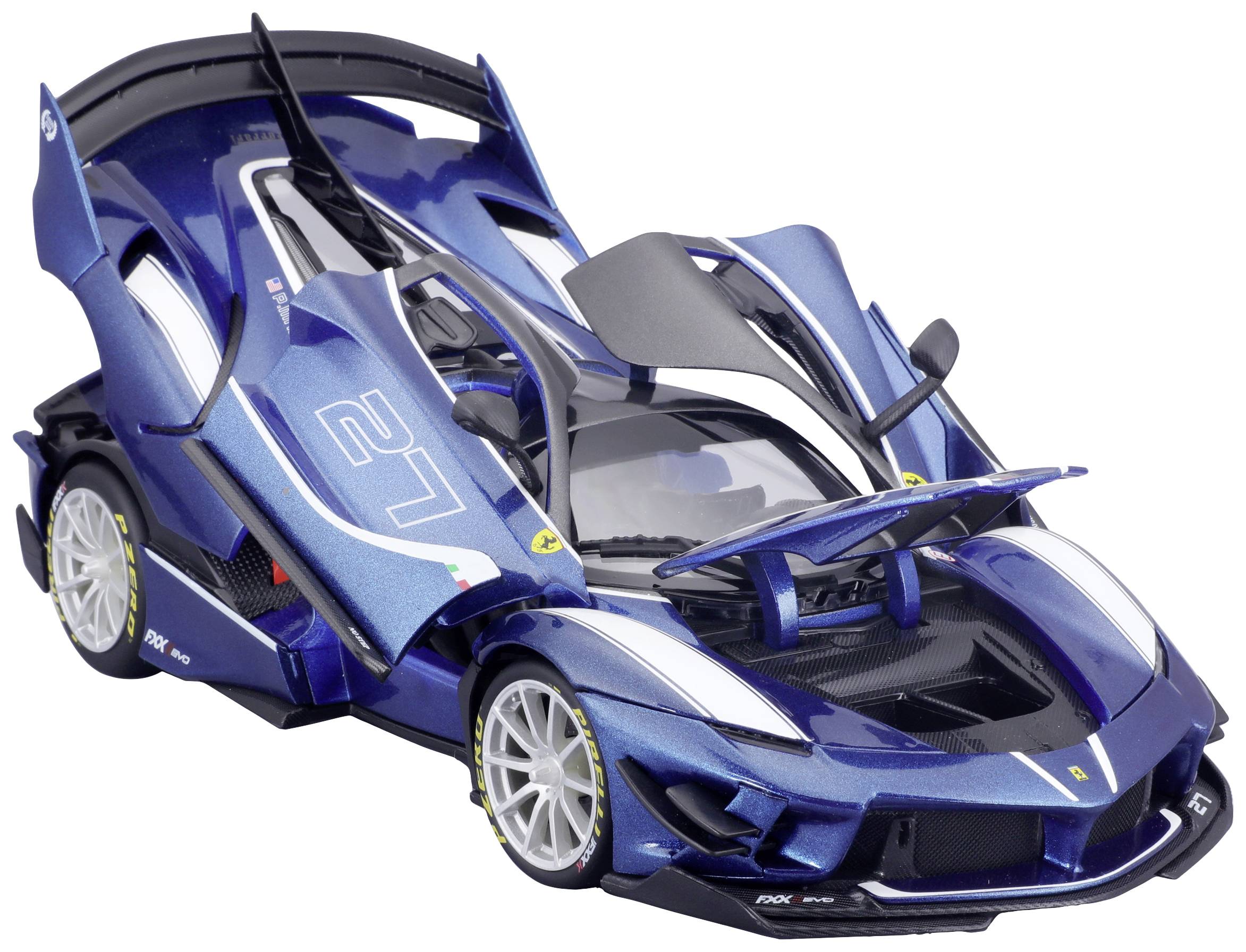 Ein blauer Sportwagen mit geöffneten Flügeltüren und auffälligem Design. Die Nummer '27' ist auf der Seite sichtbar.