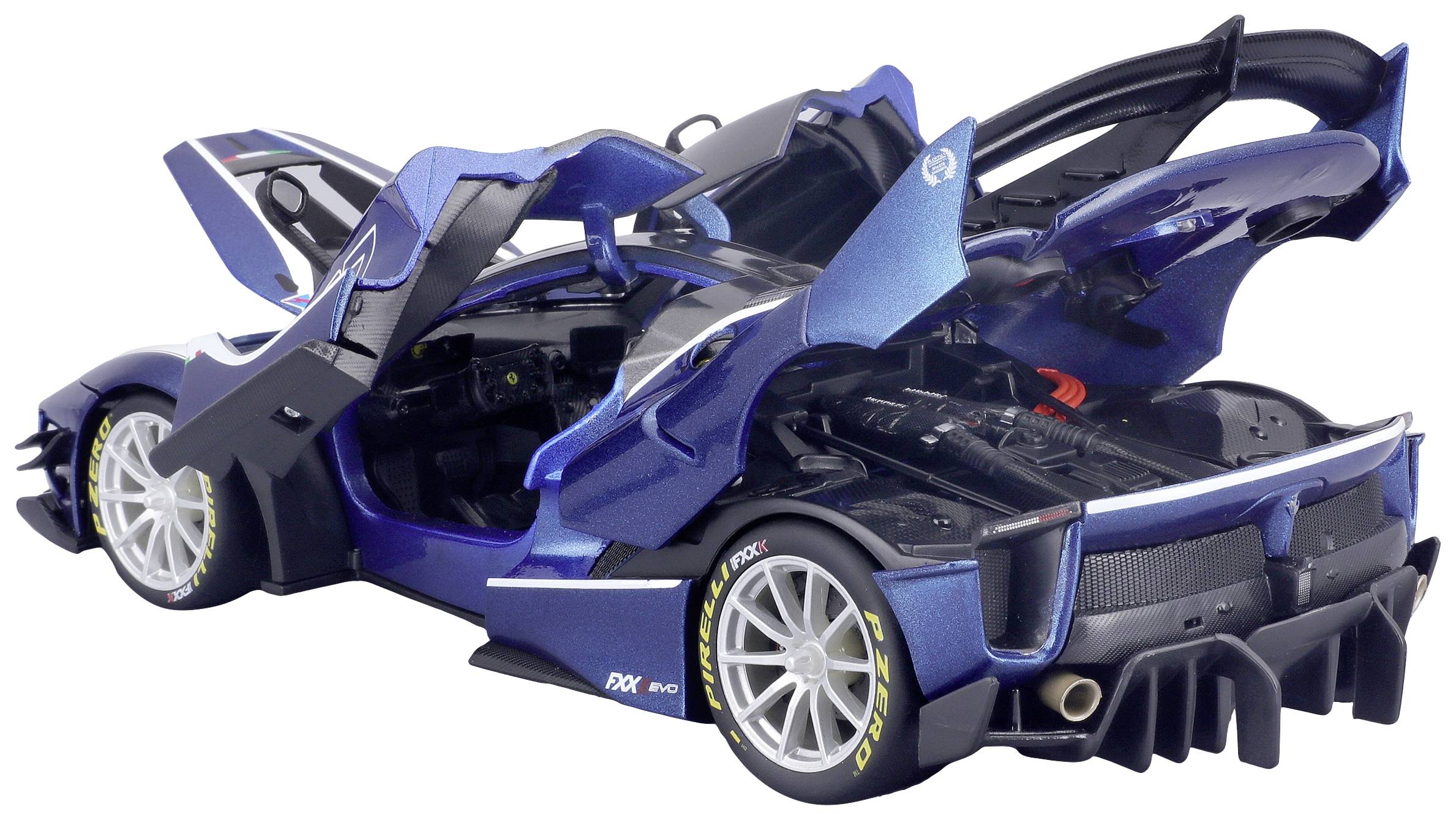 Blaues Spielzeugauto im sportlichen Design mit geöffneten Flügeltüren und sichtbarem Motorbereich.