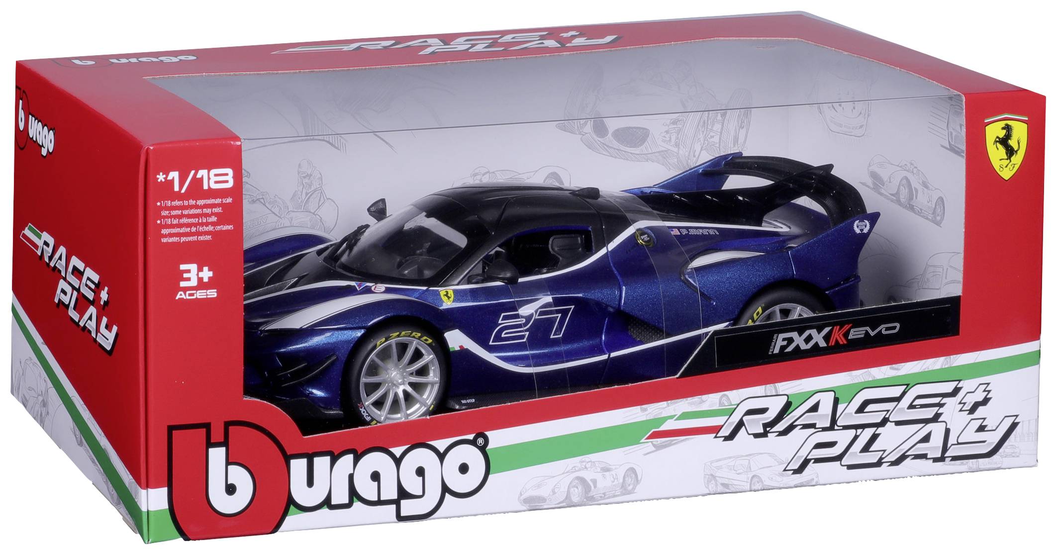 Ein Modellauto in einer roten Verpackung mit der Aufschrift 'Race & Play'. Es ist blau mit Rennstreifen und hat das Ferrari-Logo.
