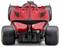 Rotes Formel-1-Auto mit schwarzen Reifen, Ansicht von hinten. Aerodynamische Form mit auffälligem Heckflügel und Details.