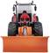Ein roter Traktor mit großen schwarzen Reifen und einer orangenen Schneeschaufel an der Frontansicht.