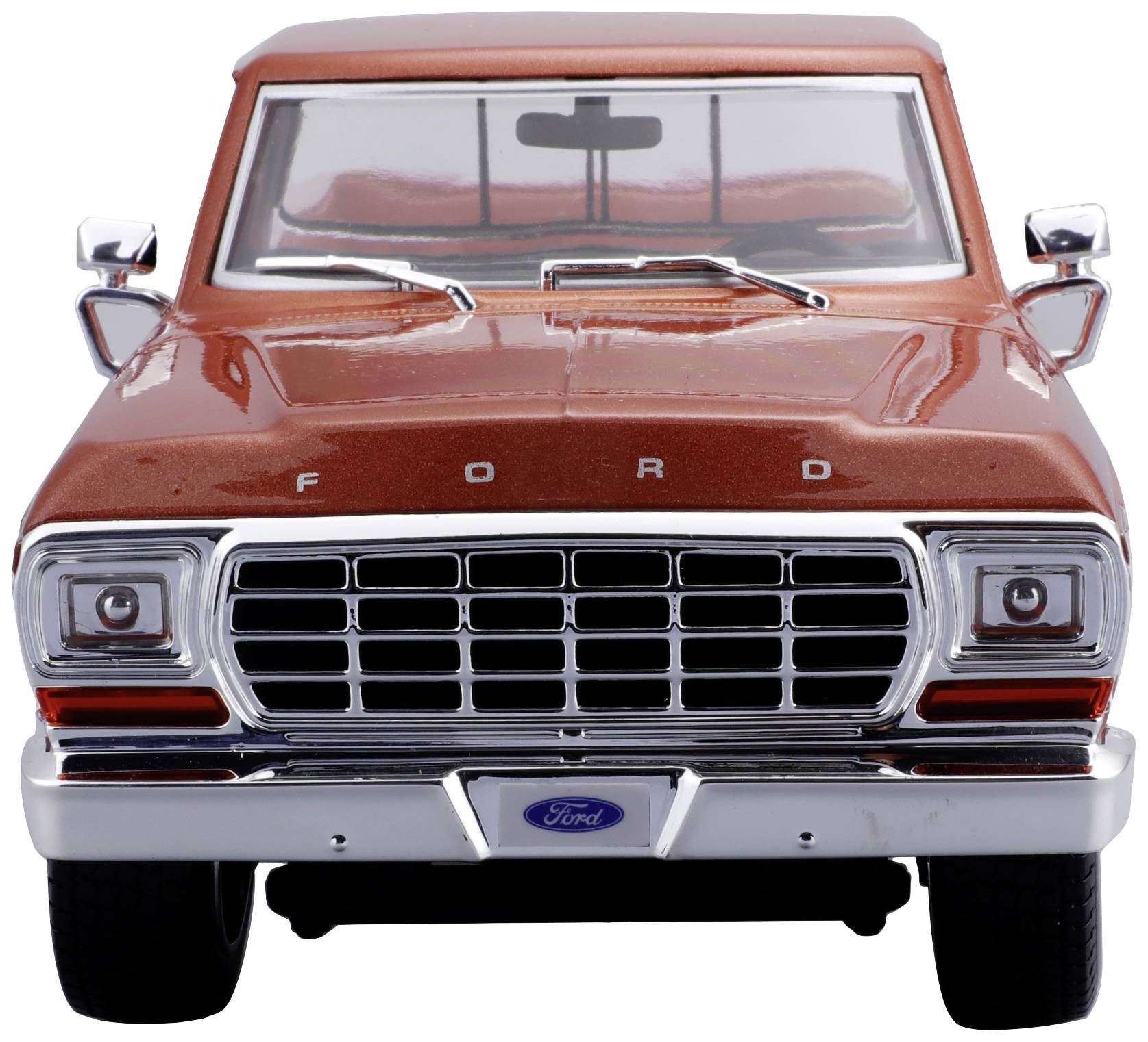 Roter Ford-Truck frontal fotografiert, mit markanter Frontgrill und Markenlogo. Enthält keine zusätzlichen Dekorationselemente.