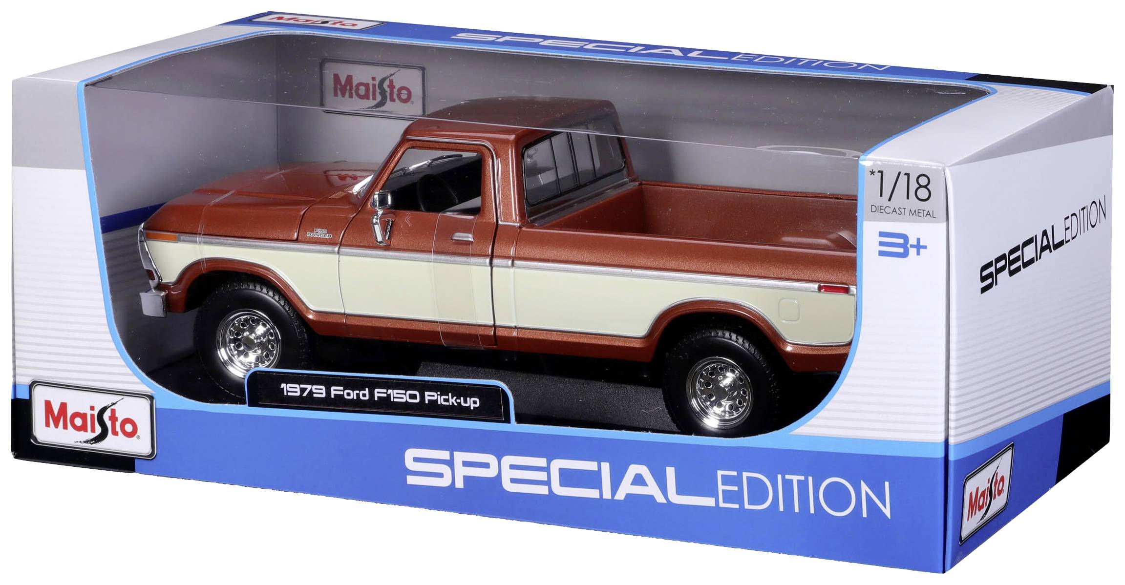 Spielzeugmodell eines 1979 Ford F150 Pickups in einer Verpackung mit der Aufschrift 'Special Edition'. Enthält ein braunes und beiges Fahrzeug.