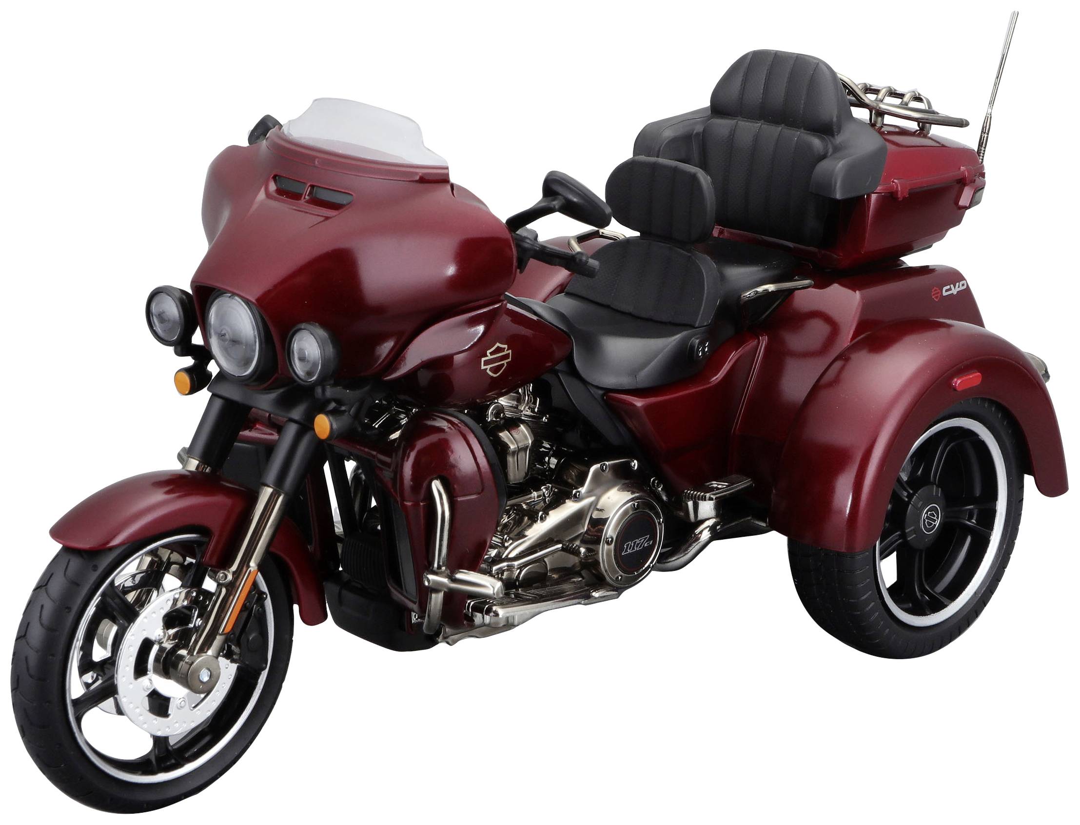 Dreirad-Motorrad in Dunkelrot mit zwei Sitzen und Gepäckraum. Vorderansicht betont glänzende Lackierung und robustes Design.