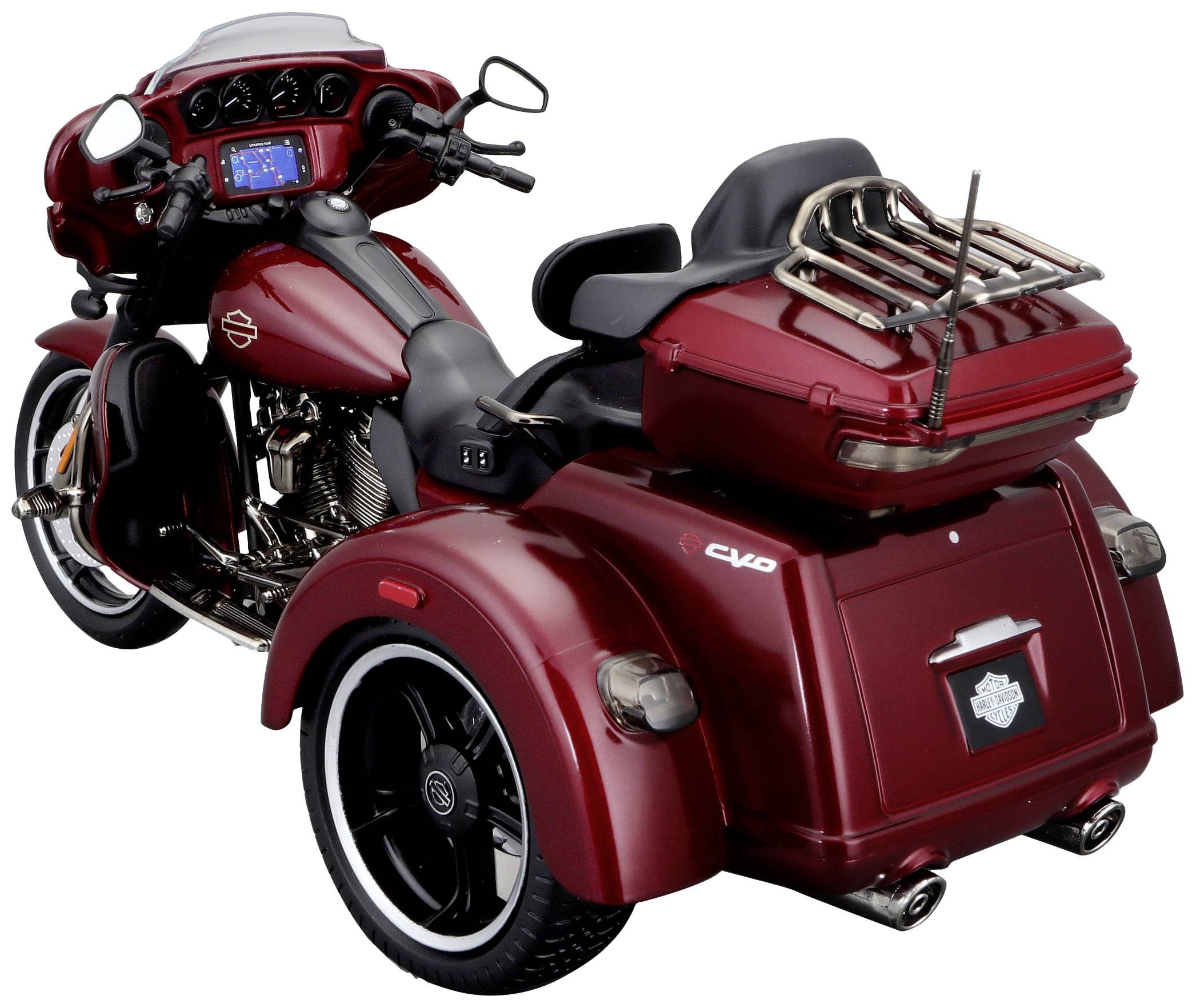 Rotes dreirädriges Motorrad mit Gepäckträger und schwarzem Sitz. Enthält ein Display mit Bedienelementen am Lenker.