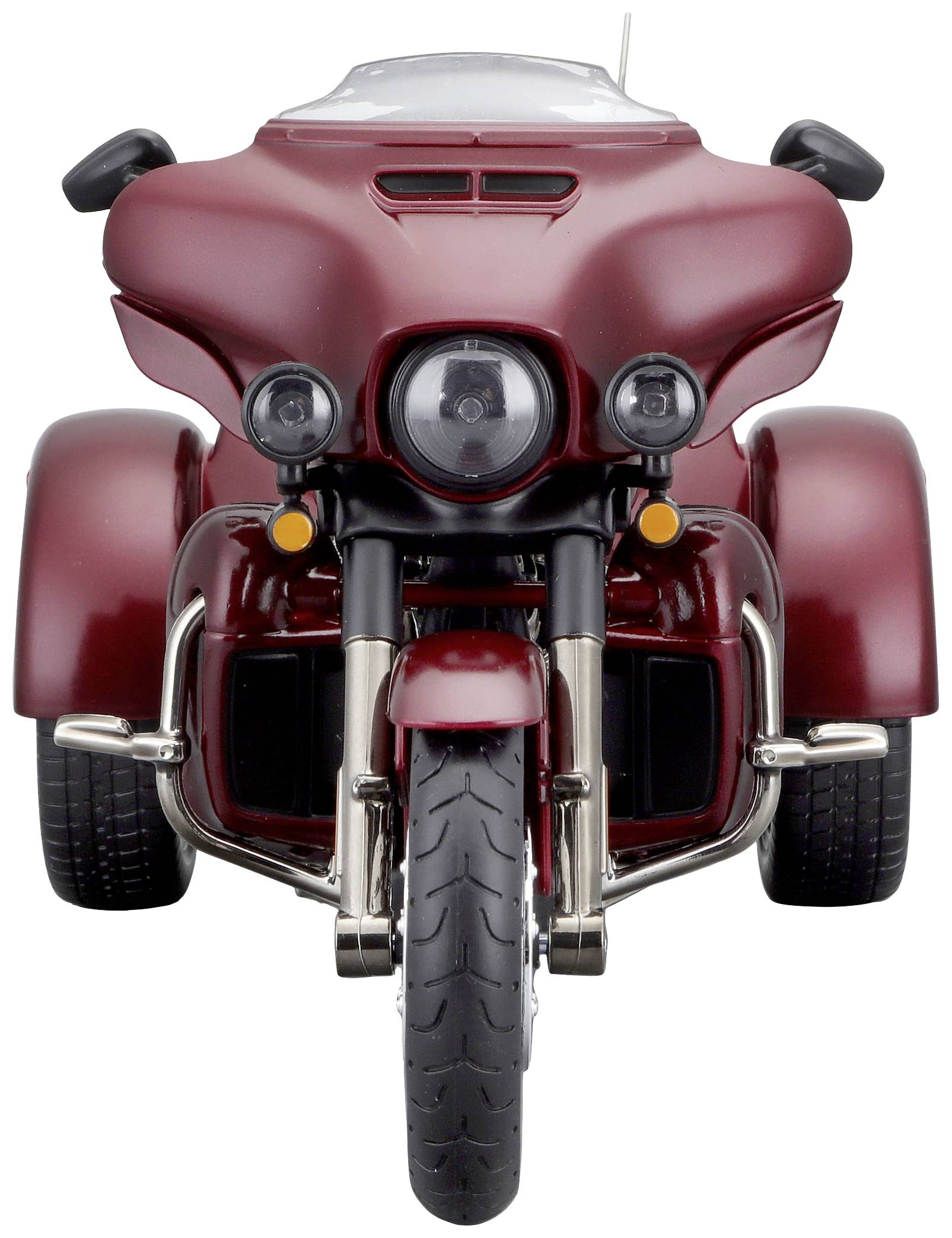 Rote dreirädrige Motorradfrontansicht mit Scheinwerfer und Windschutzscheibe.