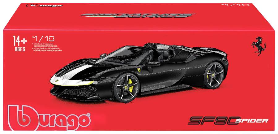 Ein schwarzes Modellauto Ferrari SF90 Spider auf einer roten Bburago-Verpackung, geeignet für Personen ab 14 Jahren.