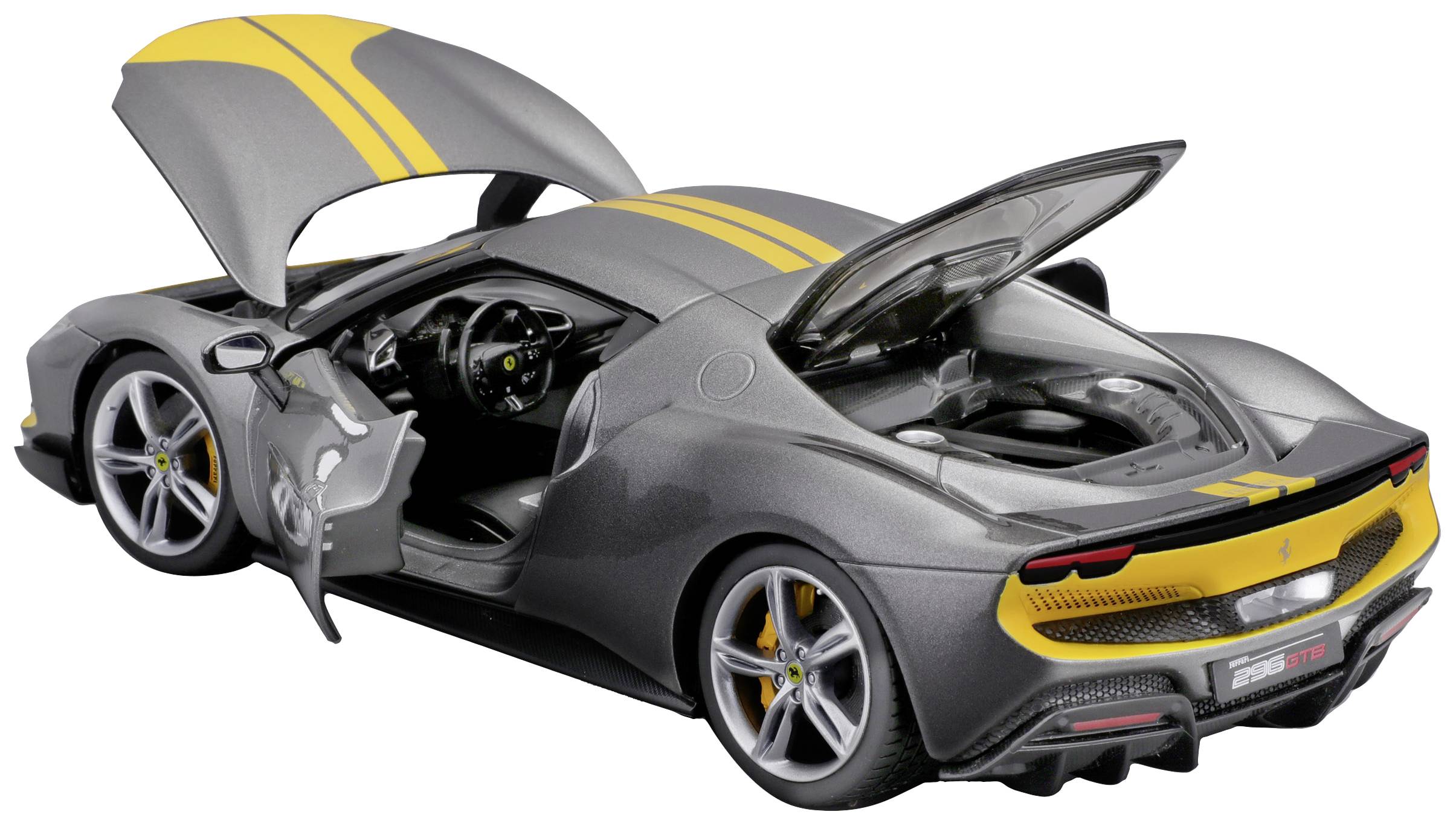 Graues Sportauto mit gelben Streifen, geöffnete Türen und Kofferraum, zeigt Innenausstattung und modernes Design.