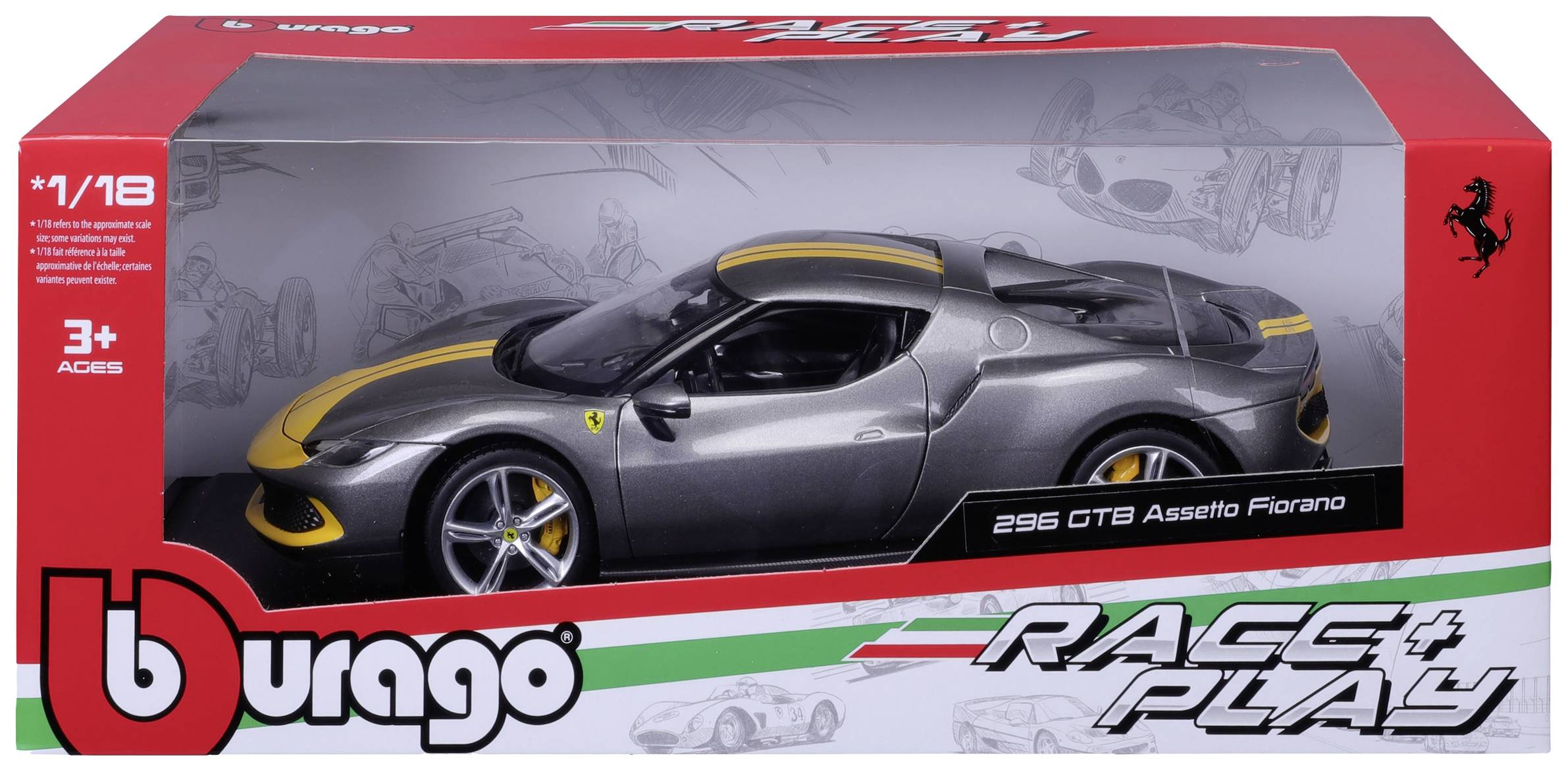 Spielzeugauto im Maßstab 1:18, Modell '296 GTB Assetto Fiorano' von Bburago, in grauer Farbe mit gelben Streifen, in roter Verpackung.