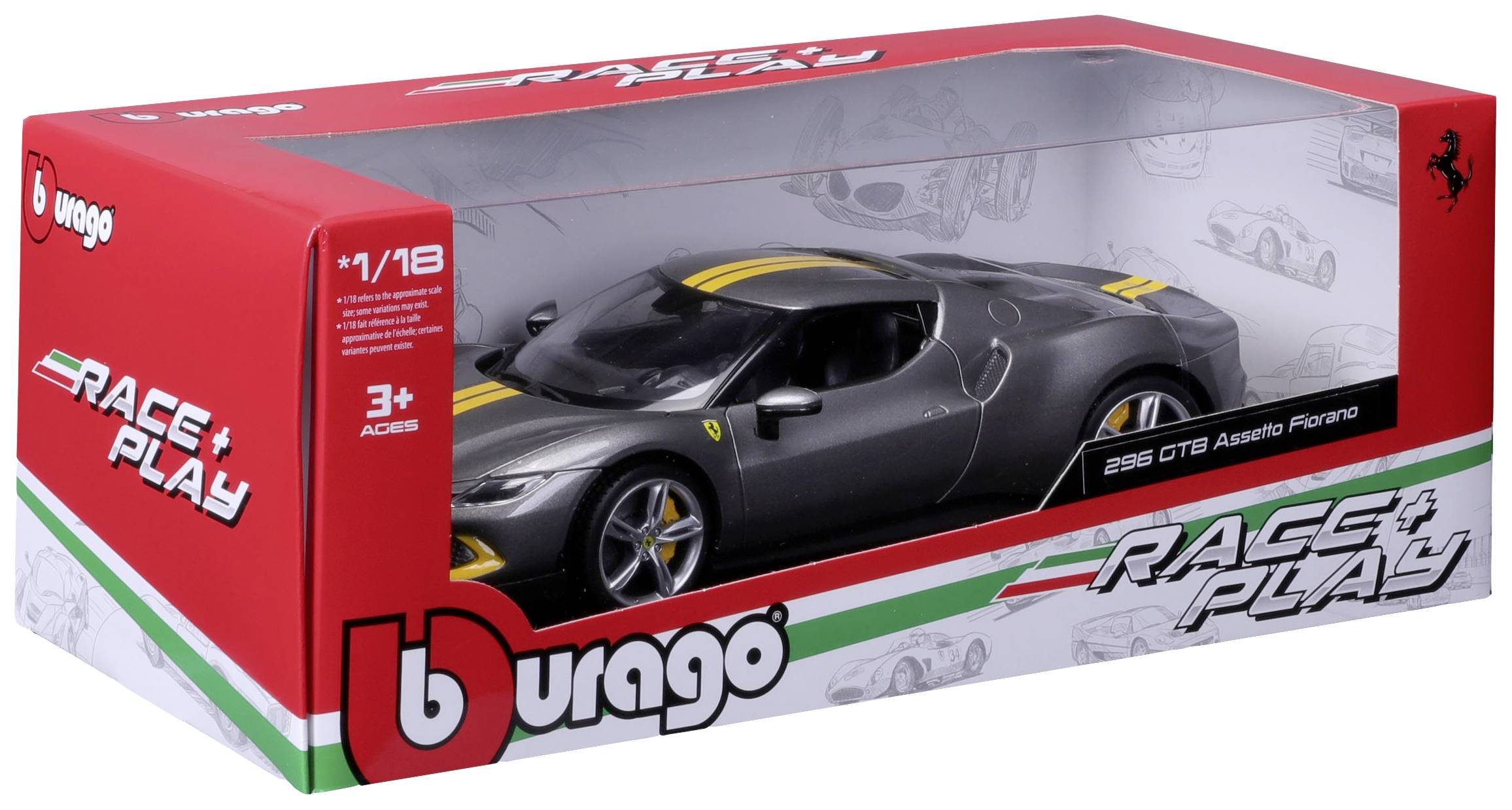 Das Bild zeigt eine Modellauto-Verpackung von Bburago. Das Auto ist ein grauer Ferrari mit gelben Streifen, Maßstab 1:18, geeignet ab 3 Jahren.