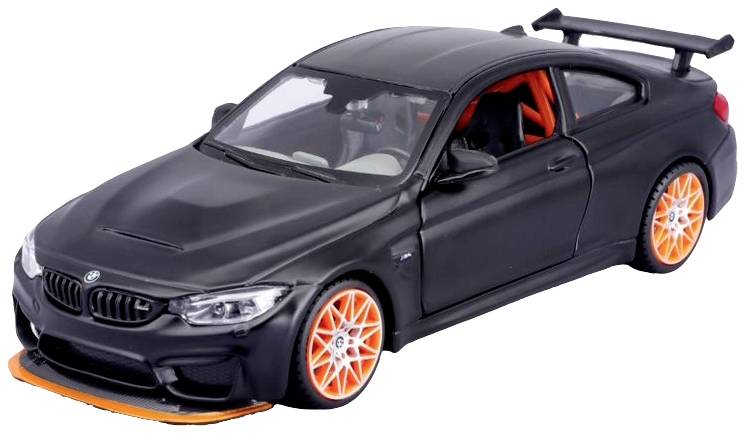 Schwarzes Spielzeugauto im Rennstil mit orangefarbenen Felgen und Spoiler auf weißem Hintergrund.