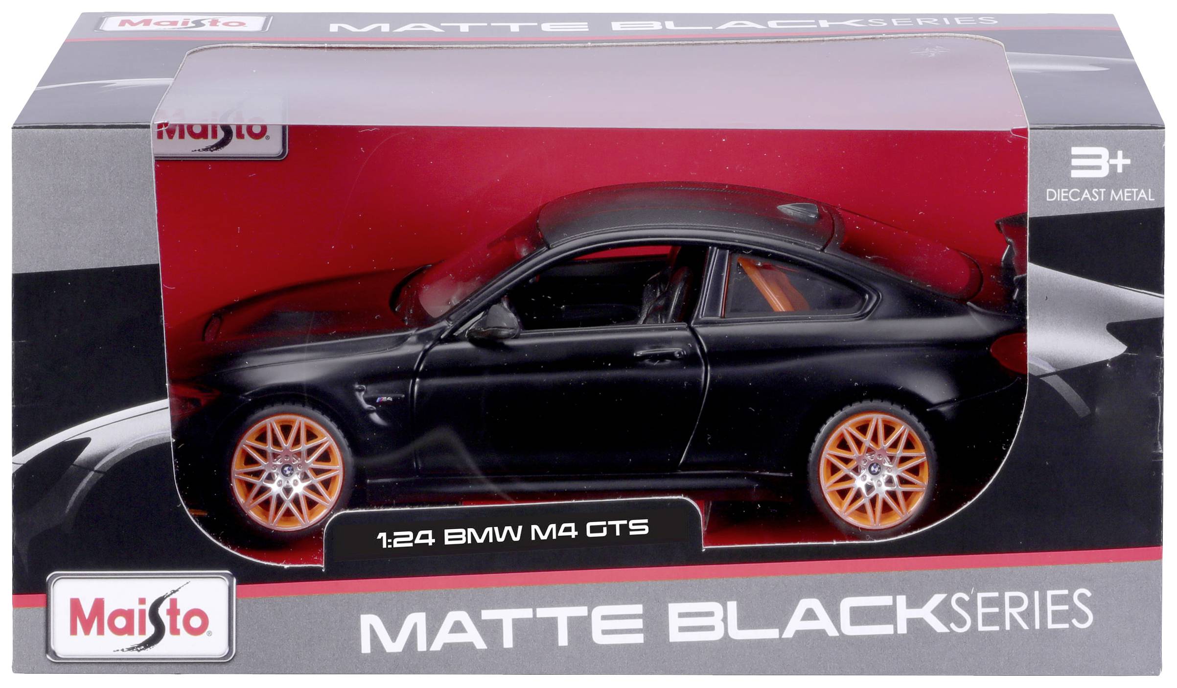 Schwarzes Modellauto 'BMW M4 GTS' mit orangefarbenen Felgen in Verpackung der Serie 'Matte Black'. Geeignet für Kinder ab 3 Jahren.
