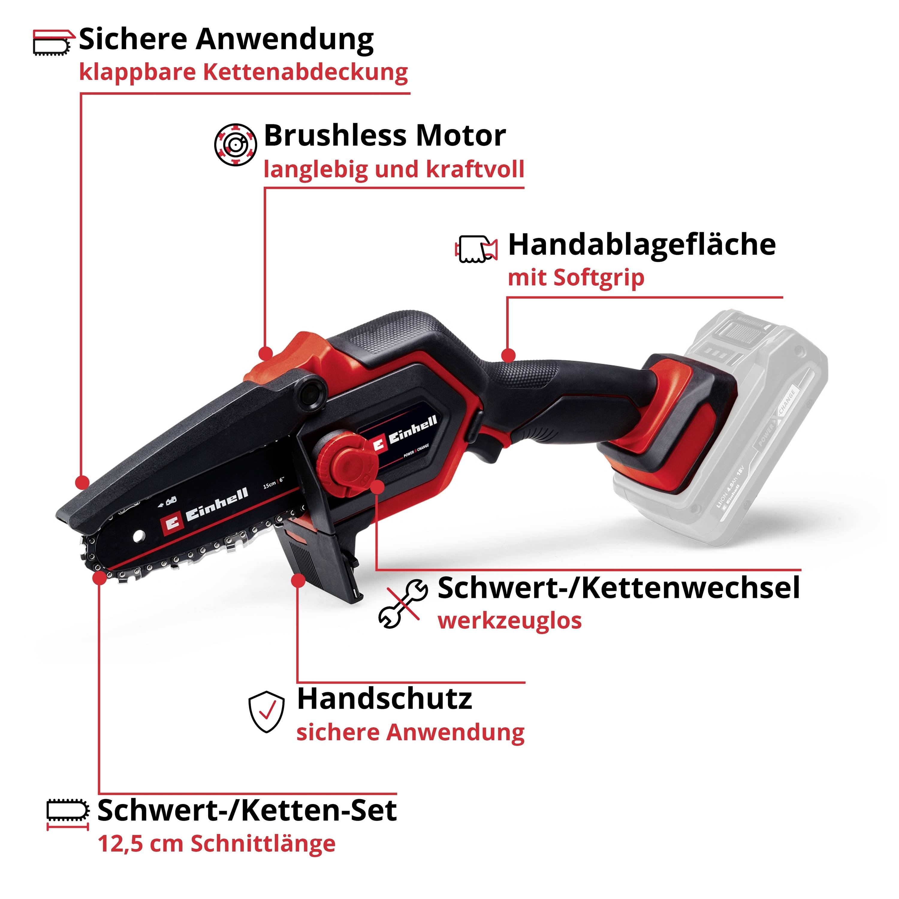 Einhand-Akkusäge mit 'Brushless Motor'. Merkmale: klappbare Kettenabdeckung, Handablagefläche mit Softgriff, Schwert-/Kettenwechsel, 12,5 cm Schnittlänge.
