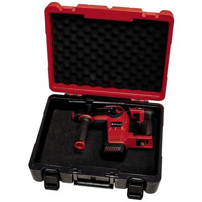 Ein roter Bohrhammer mit schwarzem Griff, sicher im schwarzen Hartschalenkoffer mit Schaumstoffeinlage verstaut, aufrecht stehend.