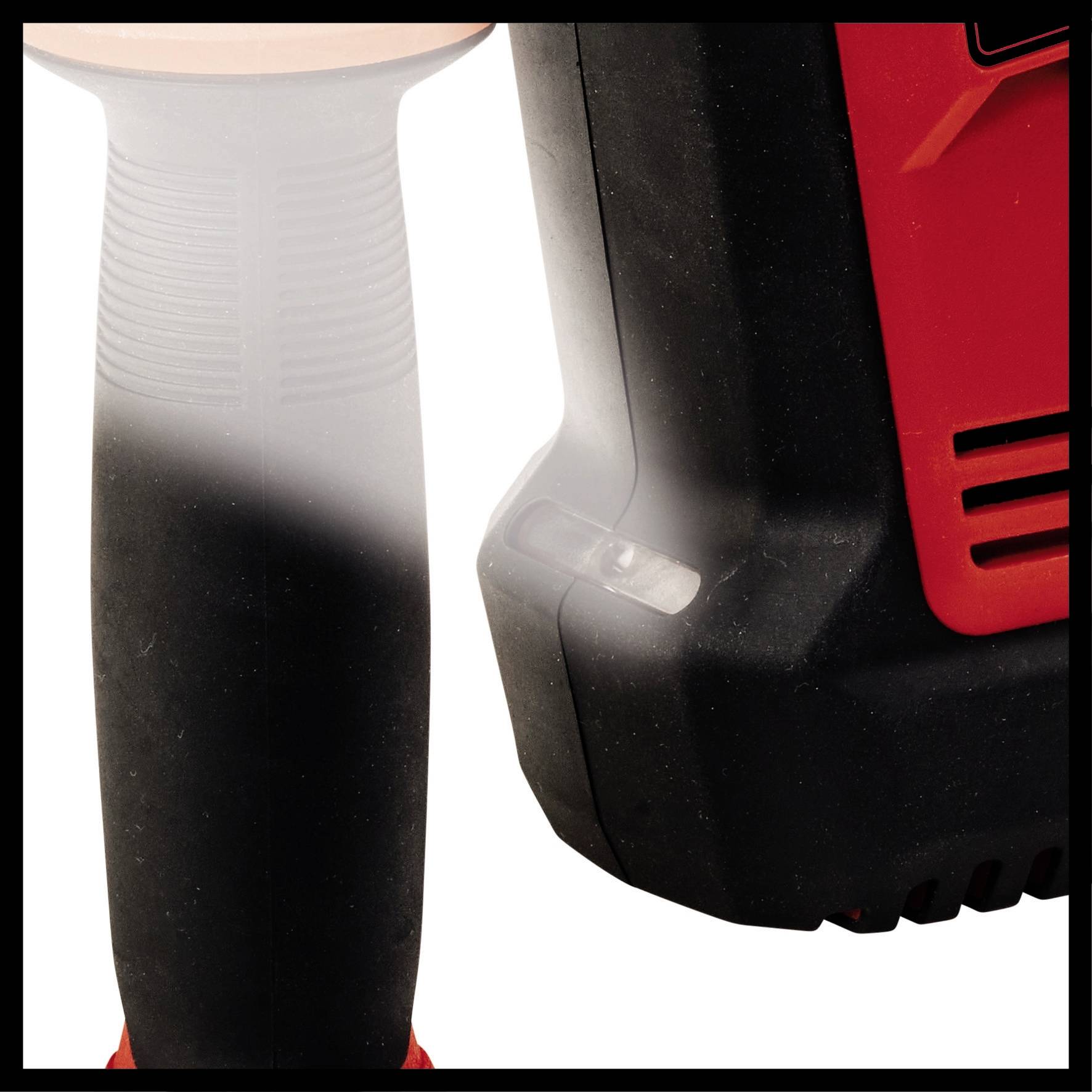 Ein schwarzer und roter Handgriff eines Werkzeugs, mit ergonomischem Design und texturiertem Griff für besseren Halt.