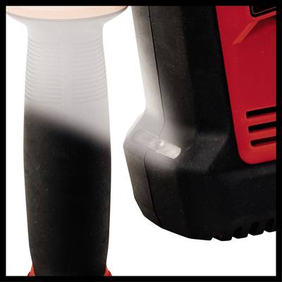 Ein schwarzer und roter Handgriff eines Werkzeugs, mit ergonomischem Design und texturiertem Griff für besseren Halt.