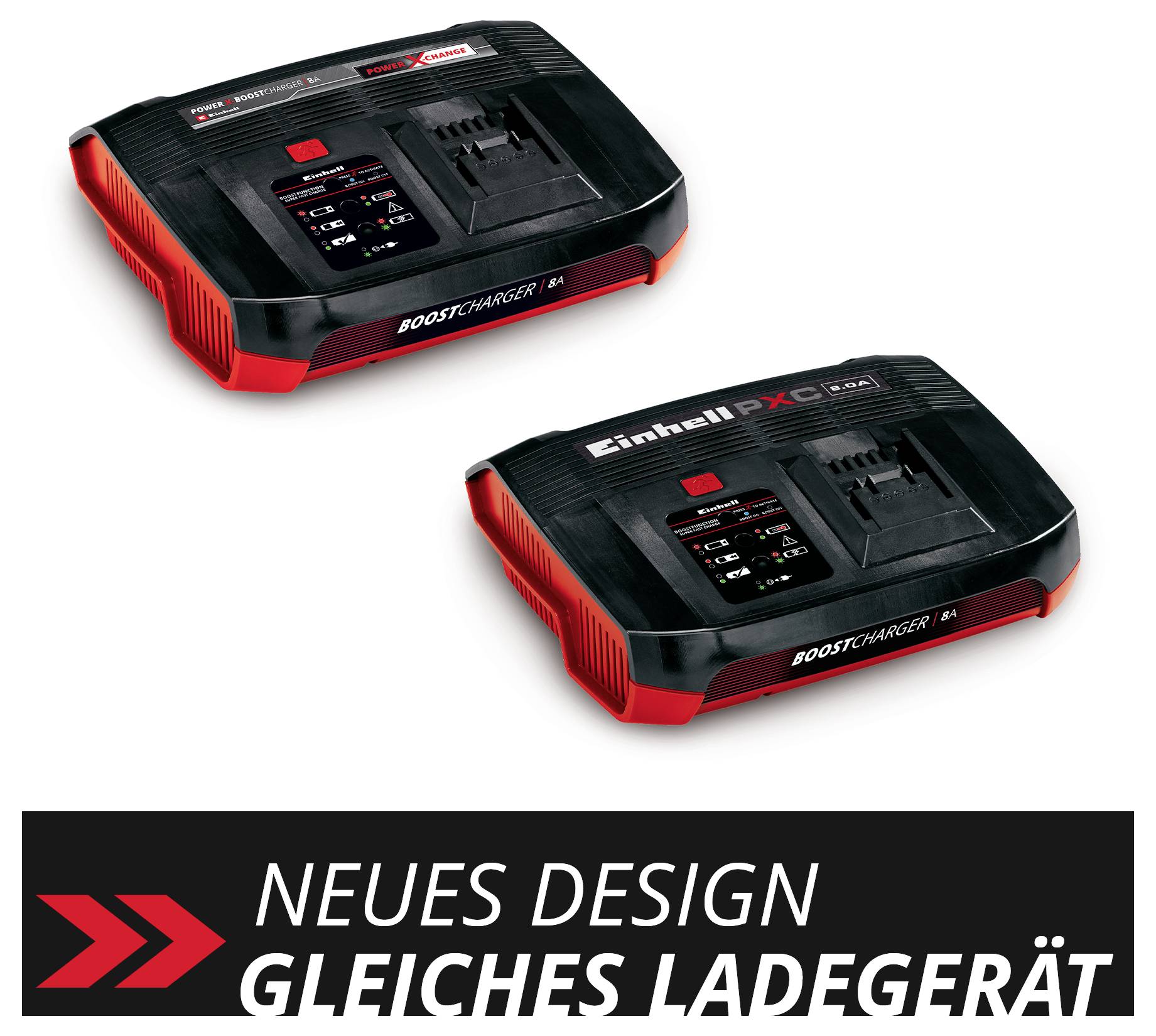 'Boostcharger 6A'-Ladegerät im neuen Design. Zwei schwarze und rote Ladegeräte mit LED-Anzeige. Text 'NEUES DESIGN, GLEICHES LADEGERÄT'.