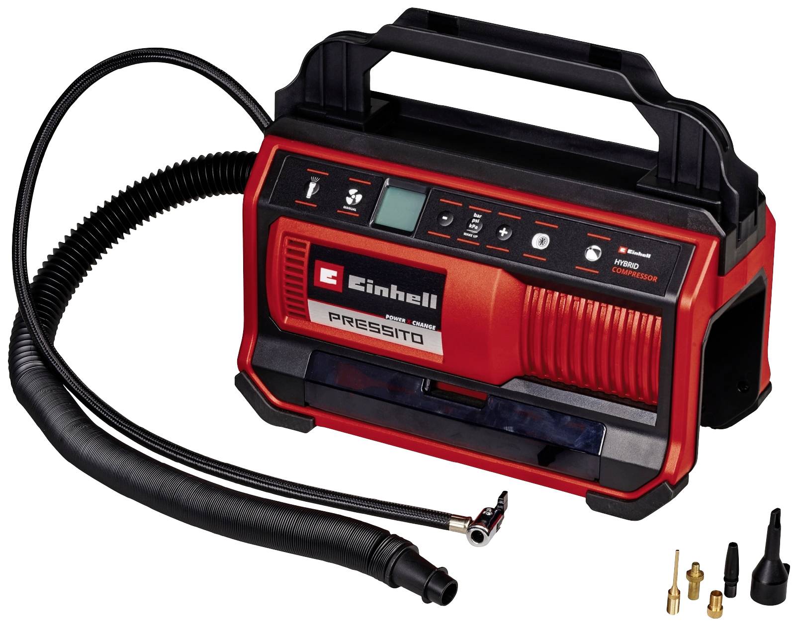 Tragbarer Kompressor in Rot und Schwarz mit Zubehör, Schläuchen und Aufsätzen. Ideal für Reifenaufpumpen oder Luftmatratzen.