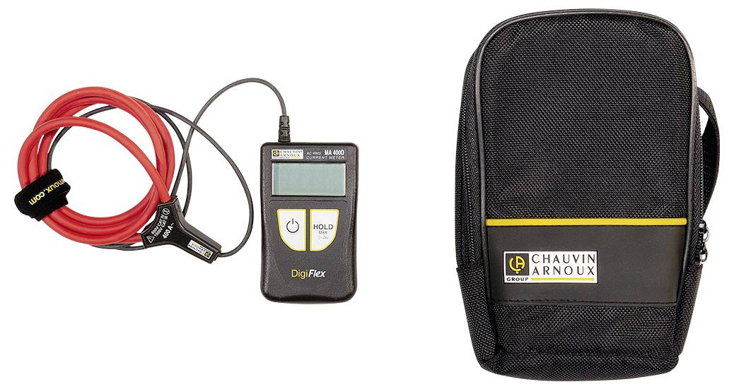 Ein digitaler Strommesser mit roten Kabeln wird neben einer schwarzen Tragetasche angezeigt.