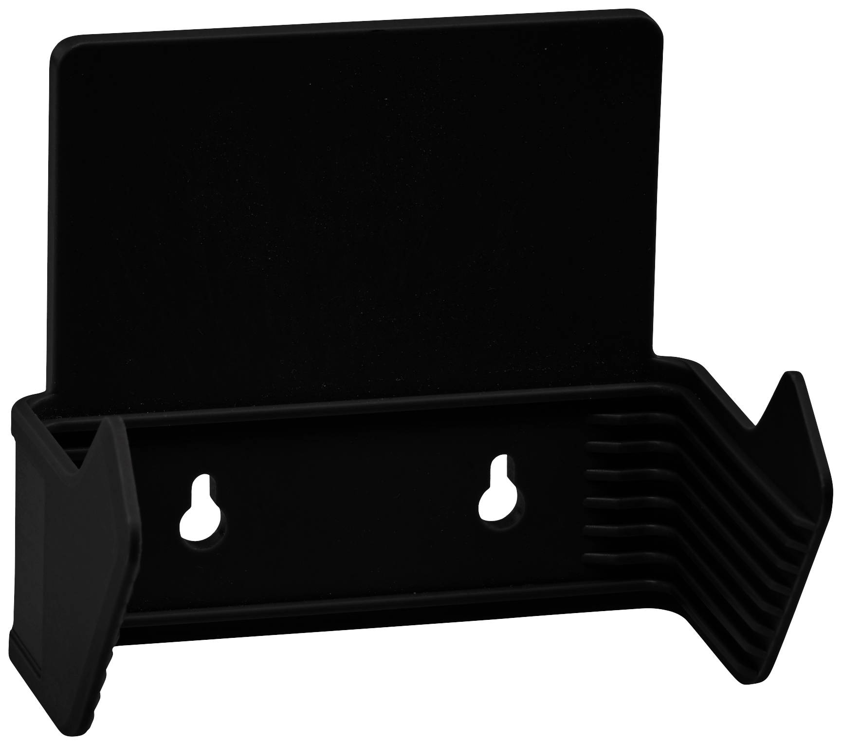 Schwarzer Kunststoffhalter mit zwei Wandbefestigungspunkten und seitlichen Gabelarmen, geeignet zur Aufbewahrung von Werkzeugen.