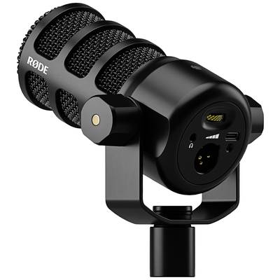 Schwarzes Studio-Mikrofon mit USB und XLR-Anschluss, geeignet für professionelle Audioaufnahmen und Podcasting.