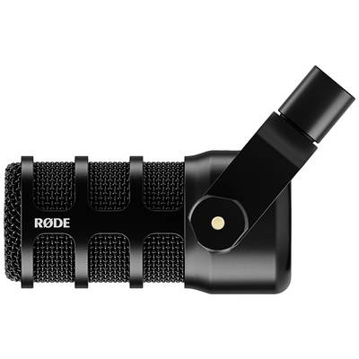Ein schwarzes, seitlich ausgerichtetes Mikrofon mit dem Logo 'RØDE' darauf. Es ist professionell und wirkt stabil.