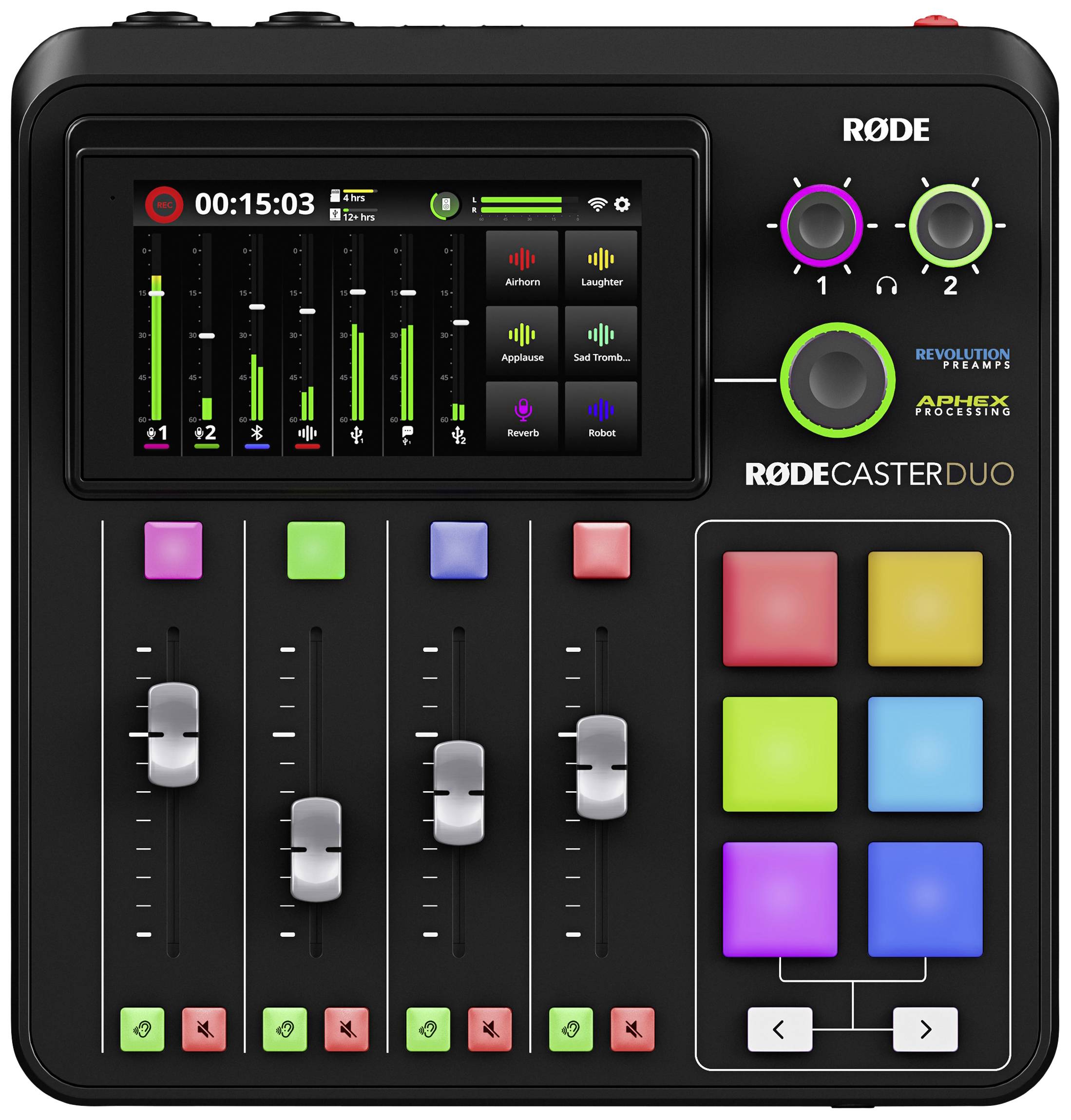 Ein Aufnahmegerät mit Mischpult, Touchscreen, Reglern und beleuchteten Pads. Verwendet für Audioaufnahmen und Podcast-Produktionen.