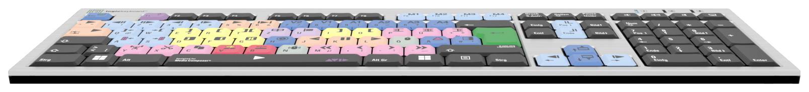 Eine Tastatur mit farblich hervorgehobenen Tasten für verschiedene Funktionen, einschließlich Lautstärkereglung und Sonderzeichen.