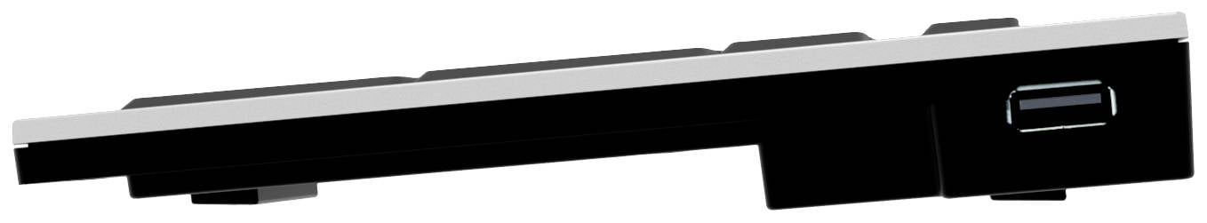 Seitenansicht einer modernen Tastatur mit flachem Profil und minimalistischen Design, gezeigt in schwarz und weiß.