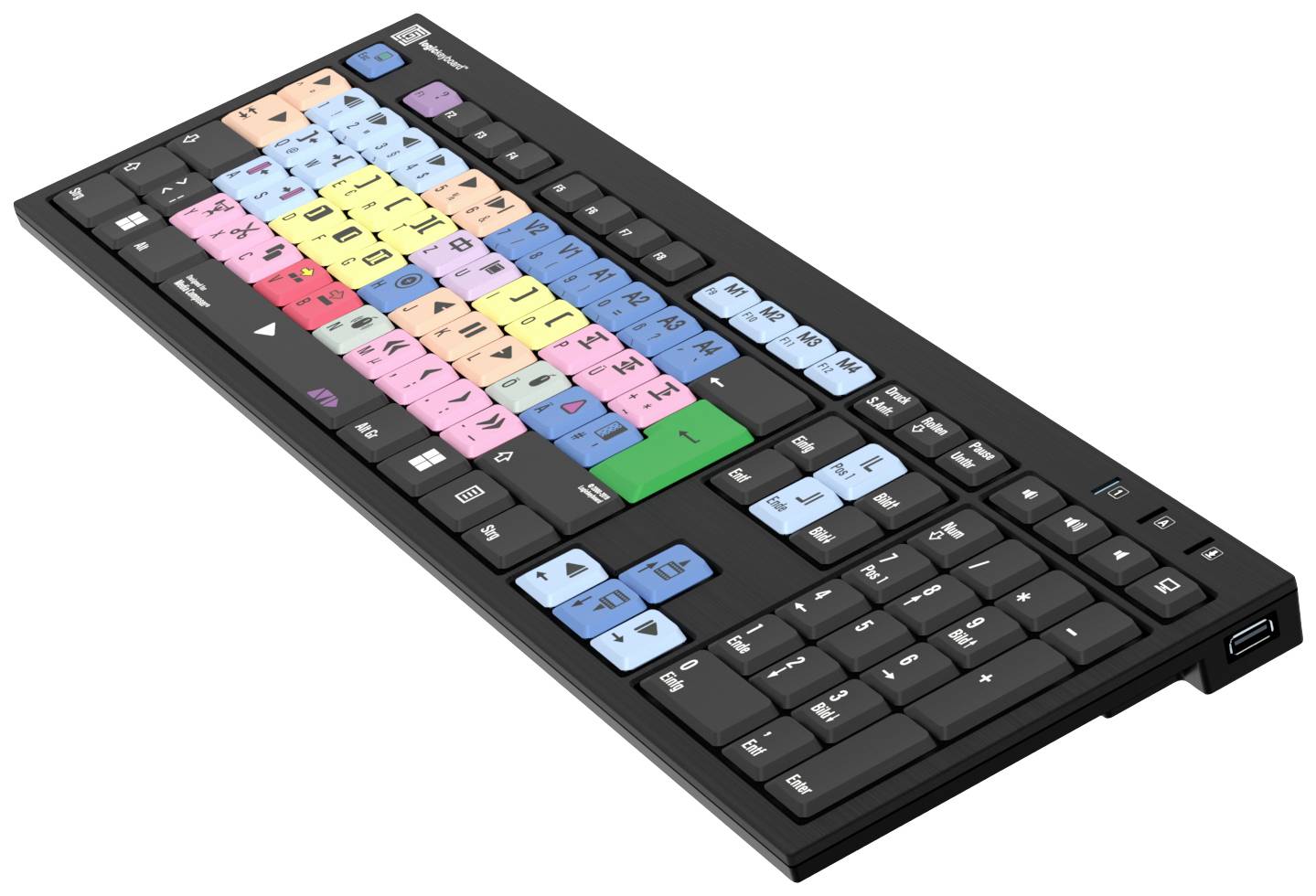 Computertastatur mit farbigen Tasten für Videobearbeitungssoftware, jede Farbe steht für eine spezifische Schnittfunktion.
