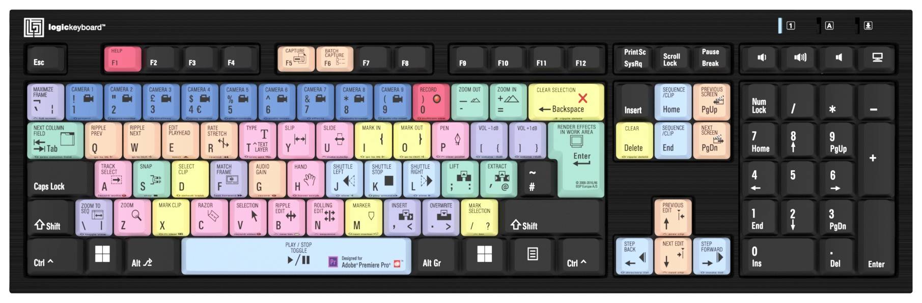 Tastatur mit farbcodierten Tasten zur vereinfachten Erkennung von Kurzbefehlen und Funktionstasten für verschiedene Programme.