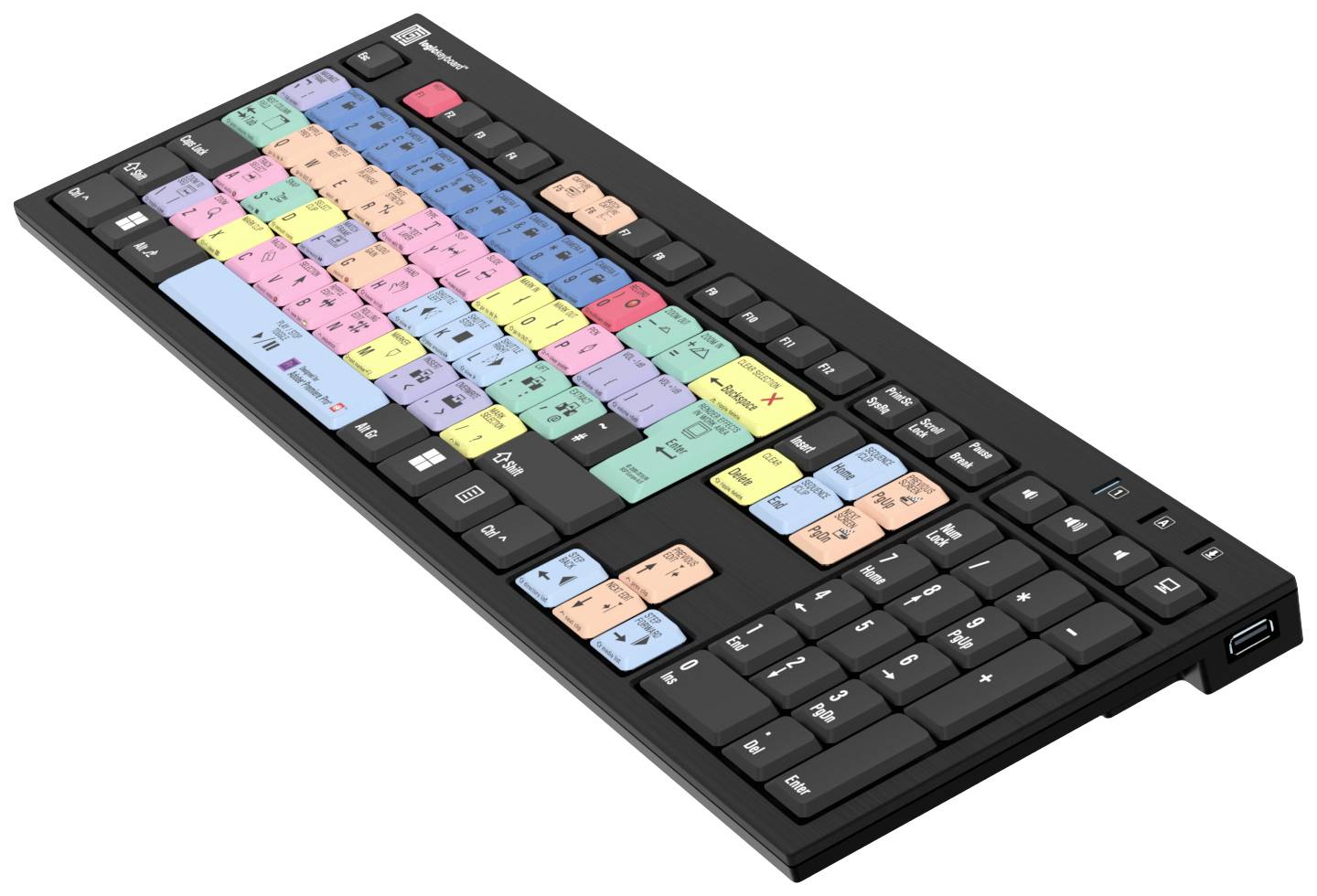Tastatur mit farbcodierten Tasten, die spezielle Funktionen für ein Videoschnittprogramm darstellen.