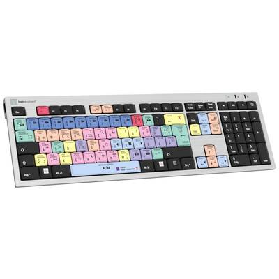 Eine Tastatur mit farbigen Tasten, die spezielle Funktionen und Kurzbefehle für Videoschnittsoftware markieren.