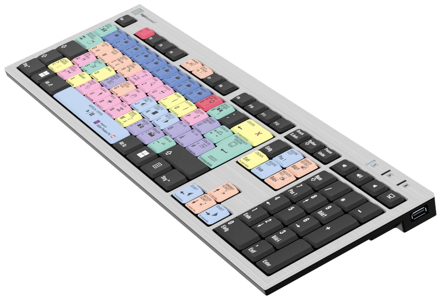 Eine bunte Tastatur mit farblich kodierten Tasten für Videoschnittsoftware. Die Farben helfen, verschiedene Funktionen schnell zu finden.
