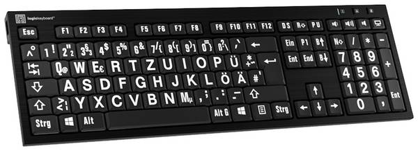 Logickeyboard XL-Print Kabelgebunden Tastatur Deutsch, QWERTZ Schwarz Multimediatasten, USB-Hub, Geräuscharme Tasten