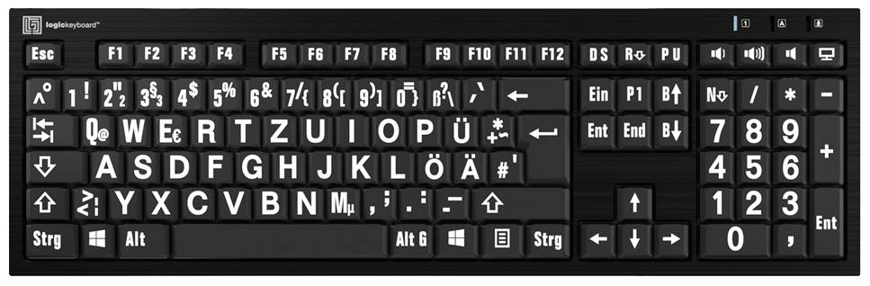 'QWERTZ'-Tastatur mit weißen, großen Buchstaben auf schwarzen Tasten. Enthält Standardtasten und Nummernblock, geeignet für Sehbehinderte.