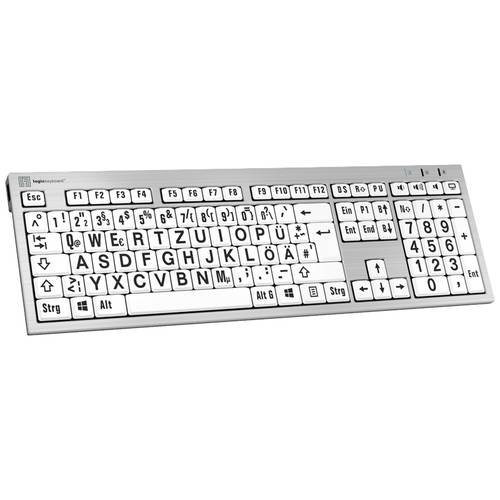 Logickeyboard XL-Print Kabelgebunden Tastatur Deutsch, QWERTZ Weiß Multimediatasten, USB-Hub, Geräuscharme Tasten