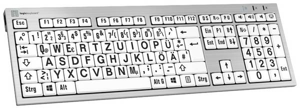 Logickeyboard XL-Print Kabelgebunden Tastatur Deutsch, QWERTZ Weiß Multimediatasten, USB-Hub, Geräuscharme Tasten
