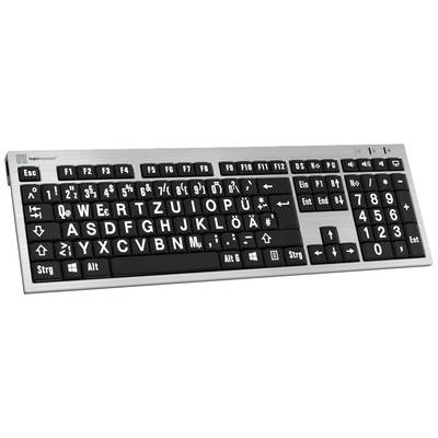 Logickeyboard XL-Print Kabelgebunden Tastatur Deutsch, QWERTZ Grau Multimediatasten, USB-Hub, Geräuscharme Tasten 