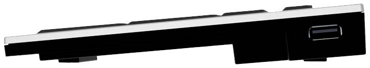 Seitliche Ansicht einer schwarzen Computertastatur mit einer schmalen, leicht angewinkelten Bauform und einem USB-Anschluss an der Seite.