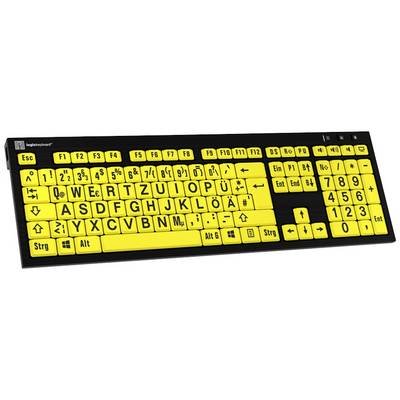 Tastatur mit gelben Tasten und schwarzer Beschriftung. Große Schrift auf den Tasten zur besseren Lesbarkeit, speziell für Sehbehinderte.
