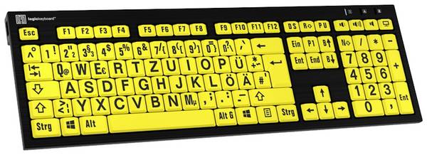 Logickeyboard XL-Print Kabelgebunden Tastatur Deutsch, QWERTZ Schwarz Multimediatasten, USB-Hub, Geräuscharme Tasten