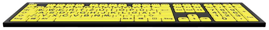 Gelbe Tastatur mit schwarzem Druck. Große, gut sichtbare Buchstaben und Zahlen. Entwickelt für Sehbehinderte zur besseren Erkennung.