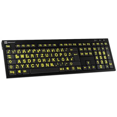 Schwarze Computertastatur mit großen gelben Buchstaben und Symbolen. Tastenlayout im QWERTZ-Format, geeignet für Menschen mit Sehschwäche.