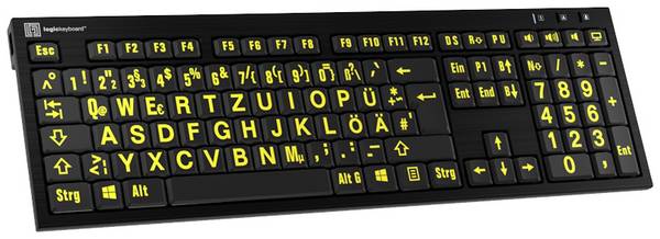 Logickeyboard XL-Print Kabelgebunden Tastatur Deutsch, QWERTZ Schwarz Multimediatasten, USB-Hub, Geräuscharme Tasten