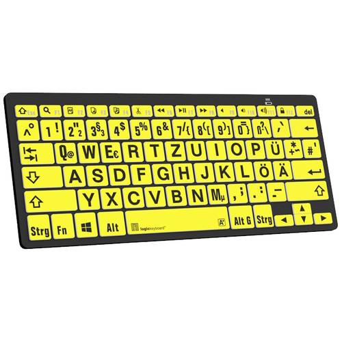 Logickeyboard XL-Print Bluetooth® Tastatur Deutsch, QWERTZ Gelb/Schwarz Multimediatasten, USB-Hub, Geräuscharme Tasten
