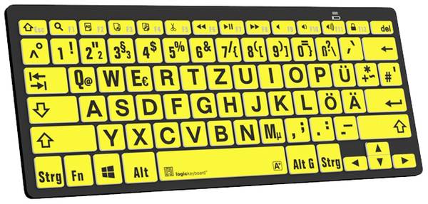 Logickeyboard XL-Print Bluetooth® Tastatur Deutsch, QWERTZ Gelb/Schwarz Multimediatasten, USB-Hub, Geräuscharme Tasten