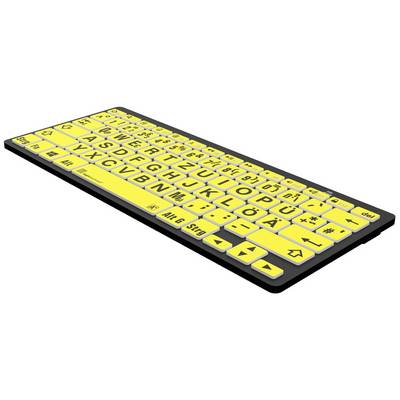 Gelbe Computertastatur mit großer schwarzer Beschriftung, speziell gestaltet für bessere Lesbarkeit und Nutzung durch Sehbehinderte.