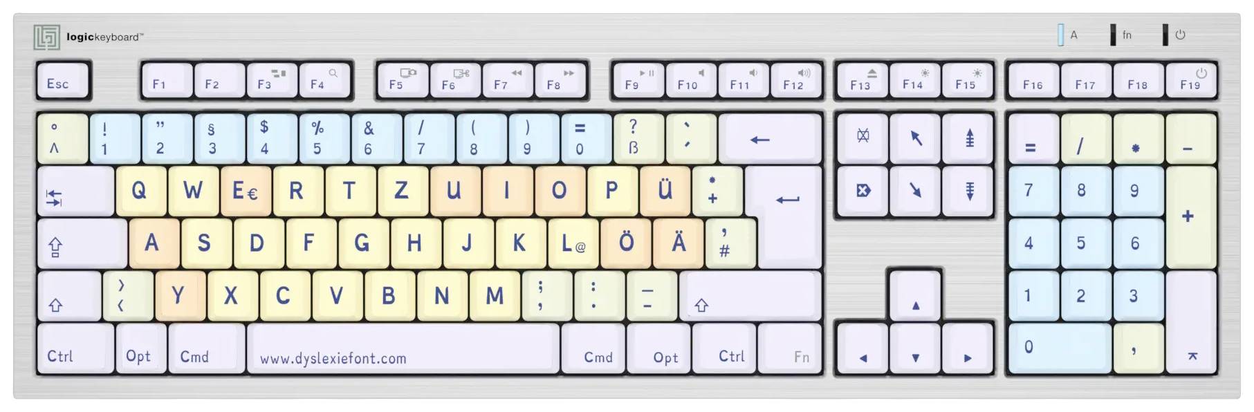 Computertastatur mit farbkodierten Tasten zur Unterstützung von Menschen mit Dyslexie. Buchstaben sind in verschiedenen Farben.